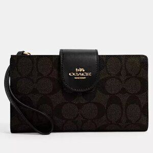 Coach Tech Phone Wallet In Colorblock Signature Canvas Gold/Brown Black C2874